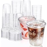 Fit Meal Prep 100 Pack 16 oz Round Bottom Clear Plastic Cups with Strawless Sip Lids, Disposable Iced coffee cups with lids, BPA-Free To Go Cups for Smoothies, Pink Drinks, Party Drinks, Cold Beverage