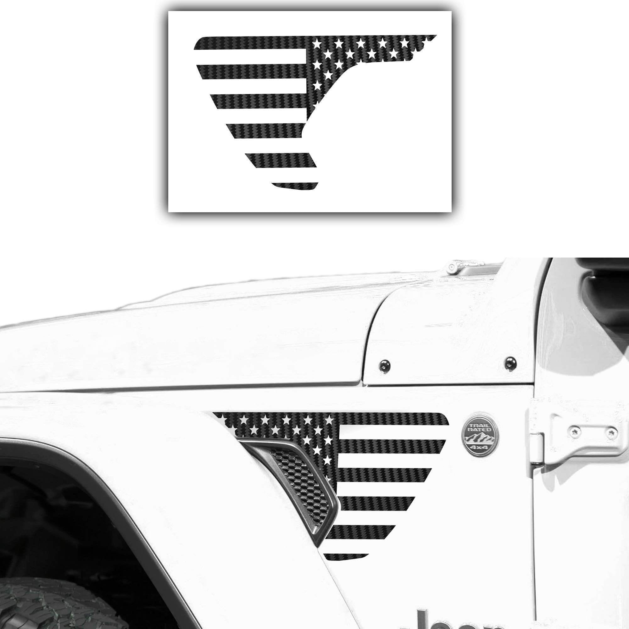 Bogar Tech Designs - Precut Side Fender Vent American Flag Vinyl Decal Compatible with Jeep Wrangler JL 2018-2020 and Gladiator 2020, 3D Carbon Fiber Black