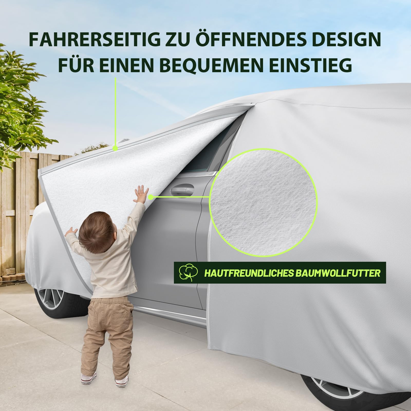 Favoto Autoabdeckung Vollgarage Abdeckplane Auto Garage Staubdicht Wasserdicht Autohülle Autoplane Winter & Sommer für 450-495 cm Sänfte Limousine Silber 2.95kg 3