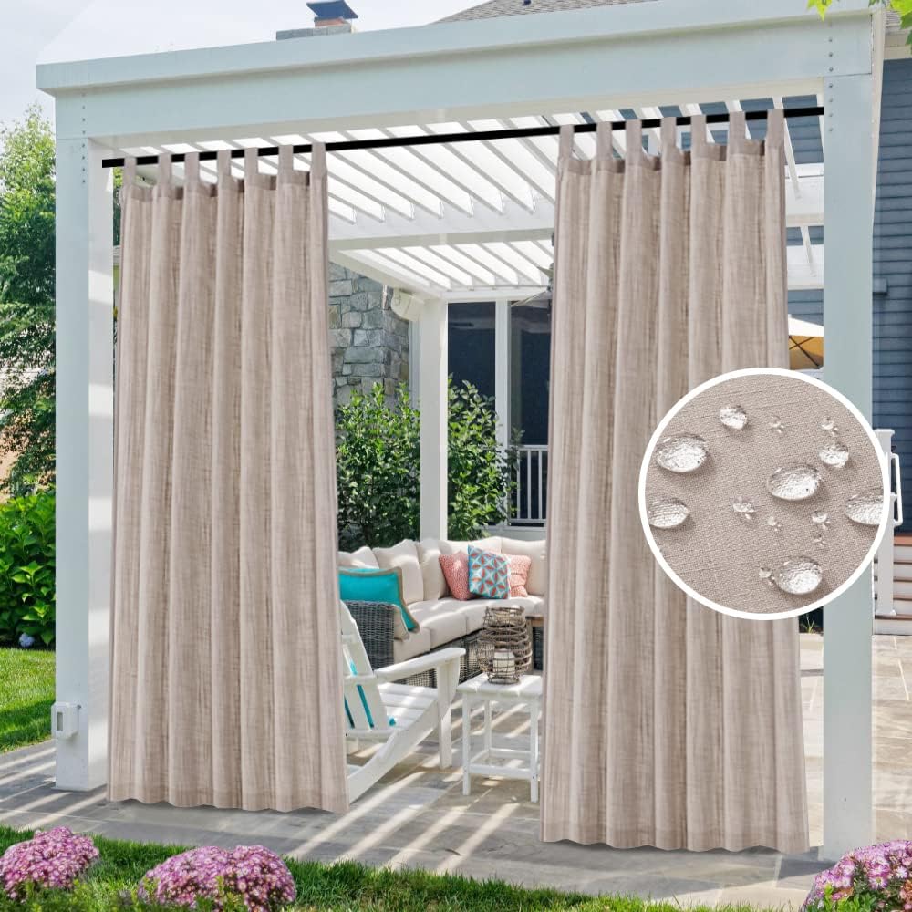 Outdoor Curtains - PrinceDeco Waterproof Outdoor Curtains for Patio Premium Thick Tab Top Linen Textured Curtain 108 inch Length Privacy Assured Outside Curtains for Porch, Pergola, Cabana,1 Panel, 52 x108 inch, Stone