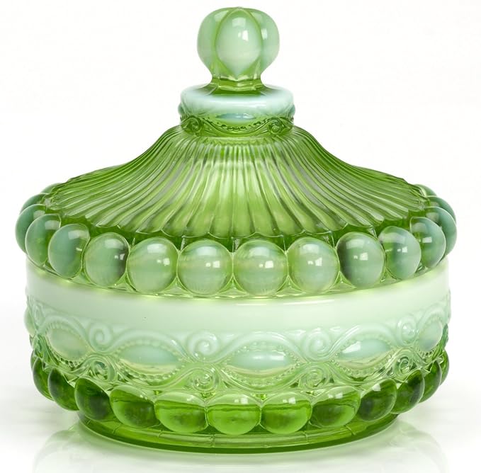 Covered Candy Dish Eyewinker Green Opalescent Mosser