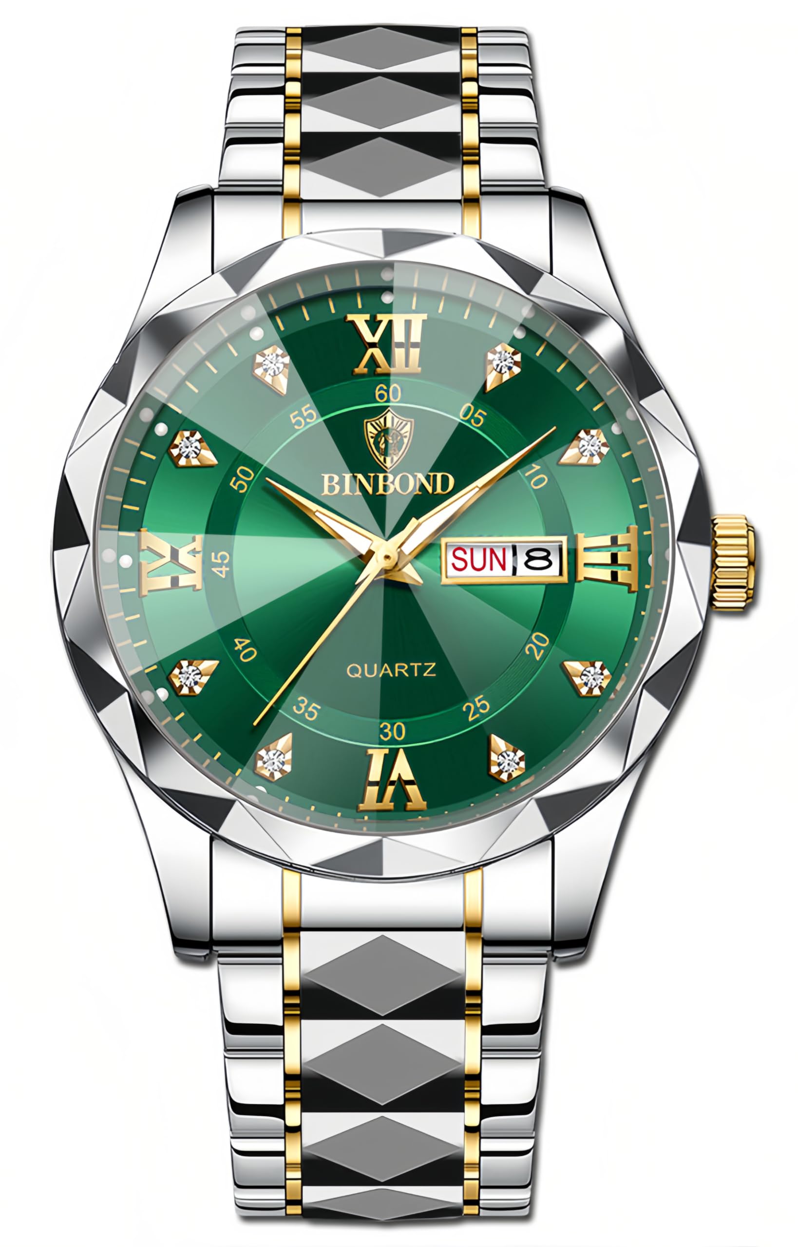 Gosasa Luxury Men's and Women's Business Diamond Stainless Steel Waterproof Roman Numeral Analog Quartz Watch with Day-Date Calendar, Gold and Silver Tone (M-Gold Green, Men), M-gold Green, Men