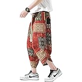 DOSLAVIDA Men's Casual Elastic Waist Linen Capri Pants Wide Leg Baggy Cotton Harem Yoga Trousers Loose Patchwork Short
