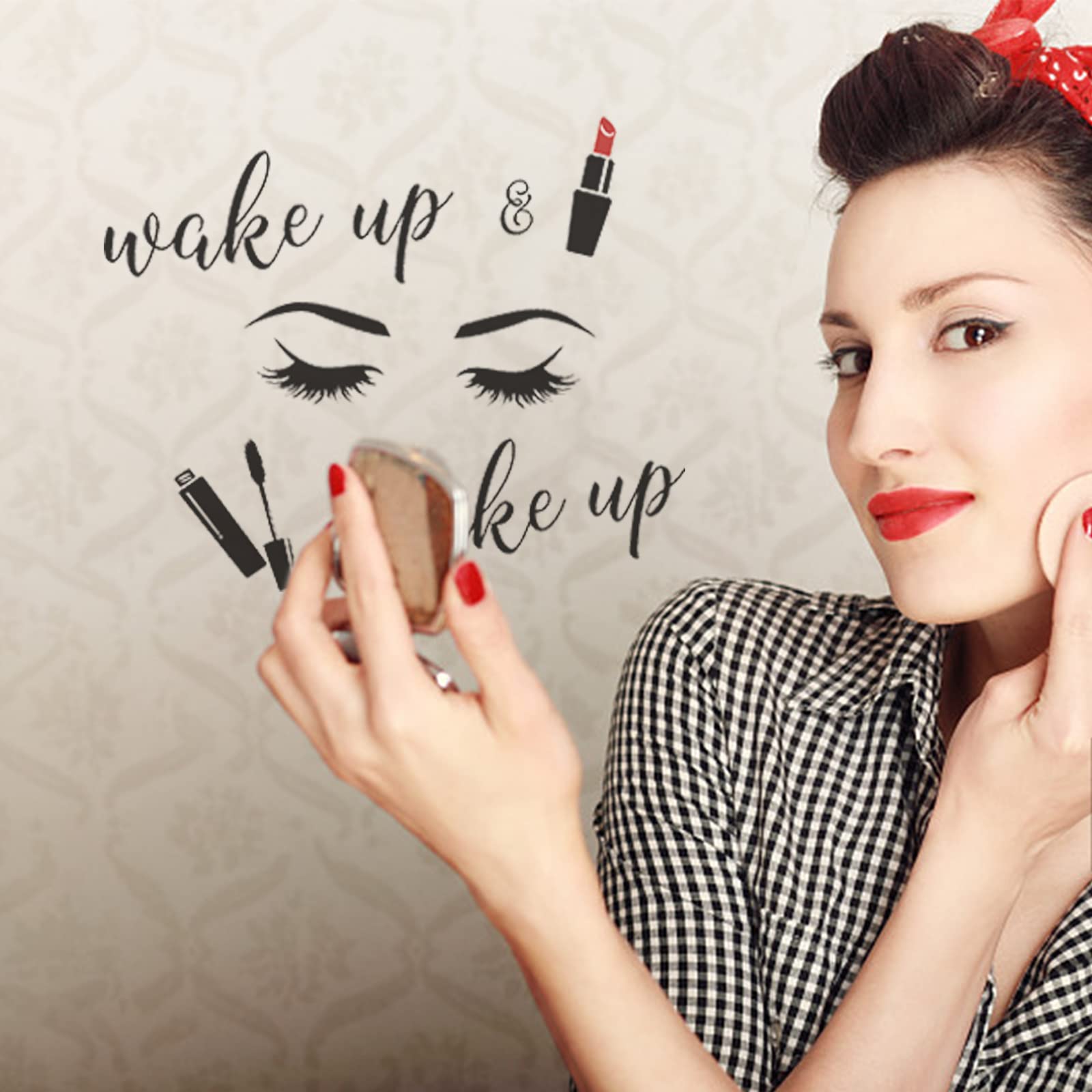 SUPERDANT PVC Wall Stickers Wake Up Make Up Eyelash Cosmetics Pattern Vinyl Lettering Wall Art Decals for Bedroom Powder Room Bathroom Decor 59x35 cm