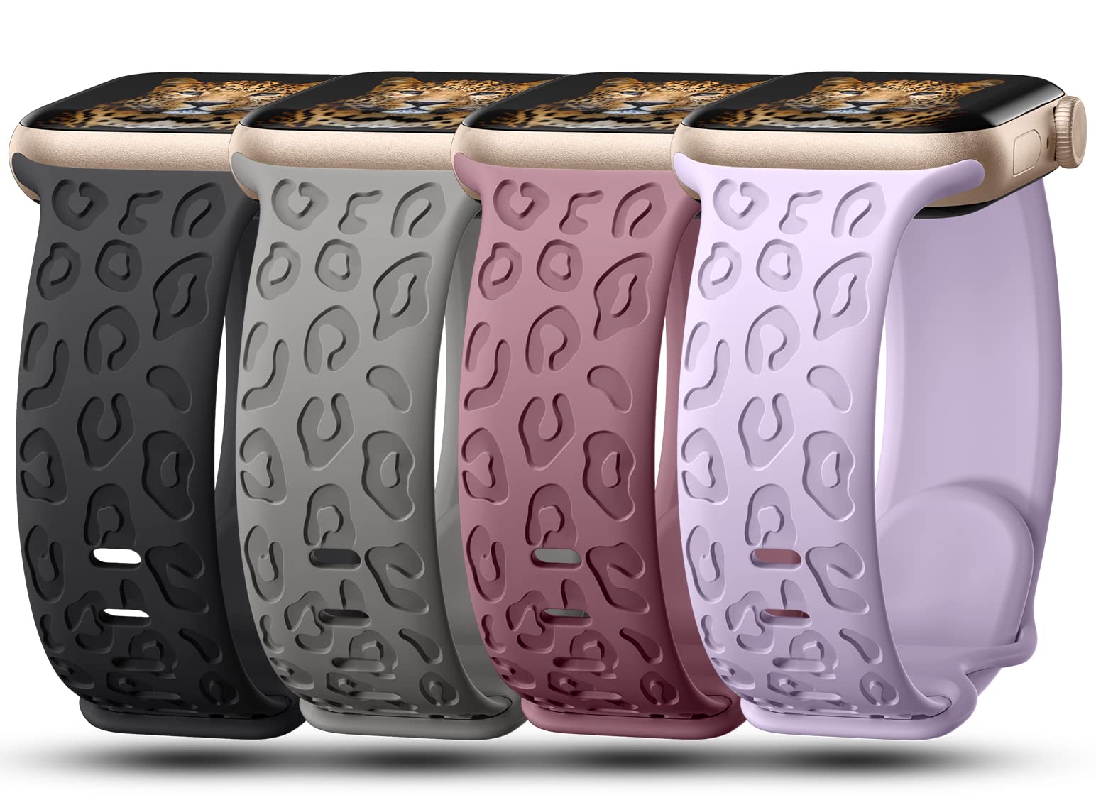4Pack Leopard Engraved Bands Compatible with Apple Watch Band for women 44mm 45mm 46mm 49mm, Soft Silicone Cheetah Sport Strap for iWatch Series 10 9 8 7 6 5 4 3 2 1 SE Ultra/Ultra 2-BK.GR.SV.LV