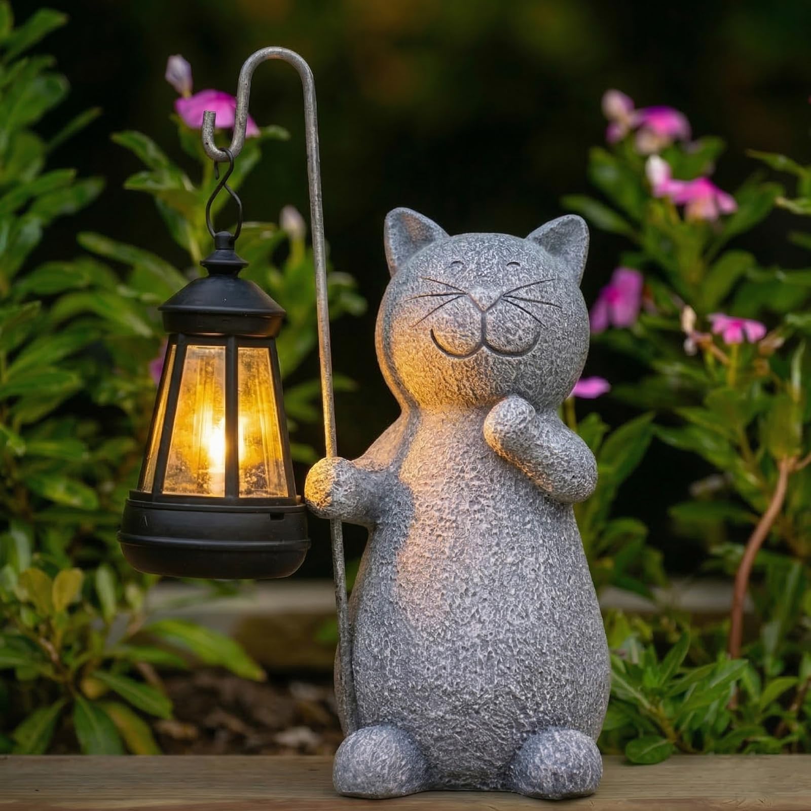Photo 1 of **MISSING POLE**Qeeman Solar Cat Garden Statue: Weatherproof Resin Figurine with Warm Glow Lantern - Outdoor Decor for Yard Pathway Patio Porch Balcony - Gifts for Mom Grandma Cat Lovers