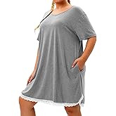 Plus Size Nightgowns Women Sexy Lace Sleepwear V Neck Sleep Dress Shirts with Pockets