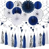 16-Piece Navy Blue Paper Lantern & Pom Pom Party Decor Set – Ideal For Graduation, Weddings, Birthdays & Baby Showers