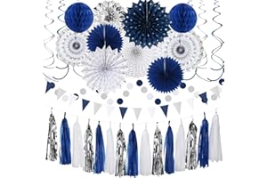 Navy-Blue White-Silver Graduation Party-Decorations - 33pcs Kits Banner, Streamers Tassel Garland,Tissue Pom Poms Honeycomb, Paper Lantern Fans,Wedding Birthday Baby Shower Backdrop Decor Hugtmr