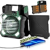 Maraiss 22000mAh Camping Solar Fan, Dual-Panel Rechargeable Solar Powered Fan with LED Light, 5 Adjustable Speeds Battery Powered Portable Fans, USB-C Fans for Travel Tent Home Camping Accessories