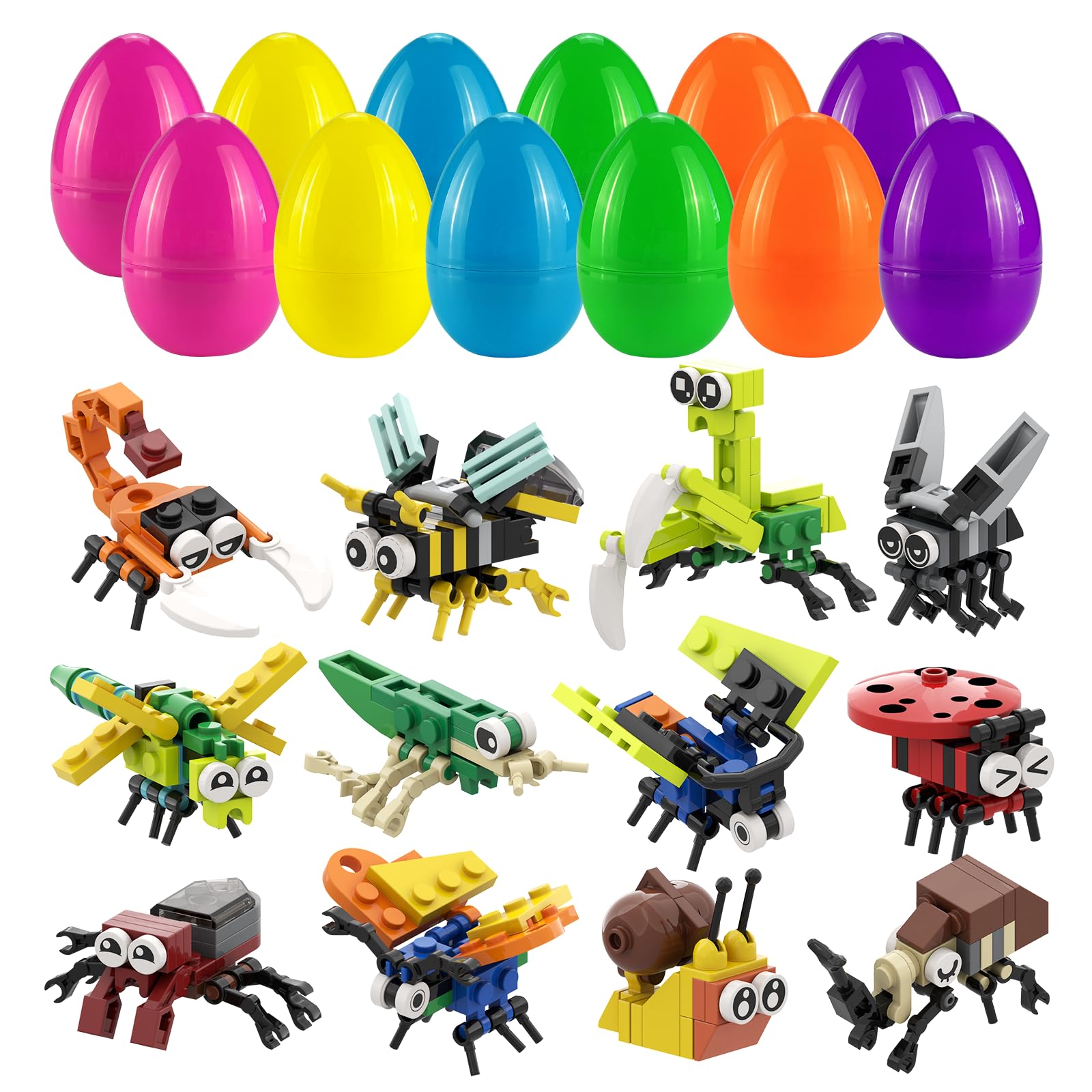 EA Kun Supplies 12 Pcs Easter Basket Stuffers Insect Building Blocks Eggs Prefilled Plastic Easter Eggs with Building Blocks for Basket Stuffers Toys Egg Hunt for Boys Girls Party Favors
