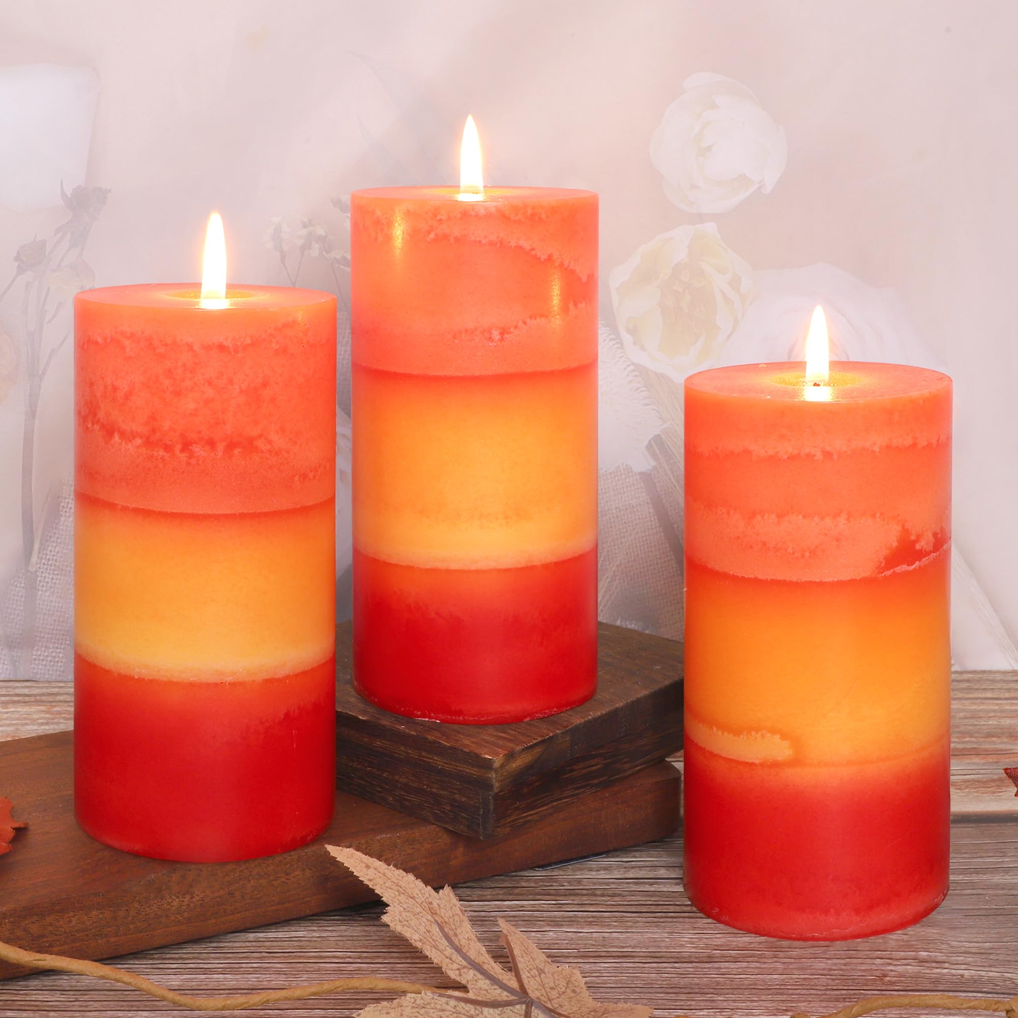 Photo 1 of ***Only 2***FLAVCHARM Tall 3x6 Inch Orange Pillar Candles 3 Pack Hand-Crafted Spiced Pumpkin Scented Candles Long Burn Time Dinner for Home Scented Housewarming Thanksgiving Gifts Fall Autumn