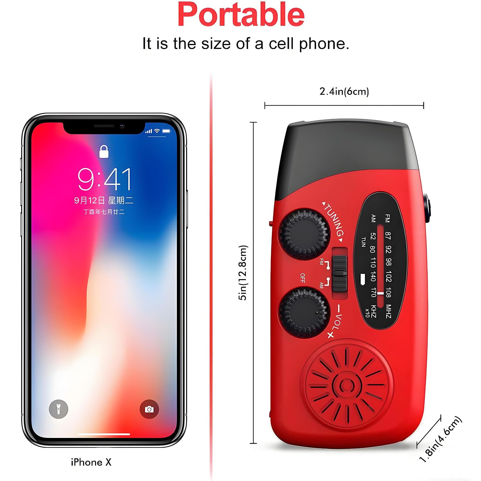 Notfall-Solarradio,Solarbaby Selbstbetriebenes Kurbelradio mit LED-Taschenlampe, SOS-Alarm,AM/FM Wetter Wind Up Radio mit 2000mAh Akku für Notladung von Smartphone,(Rod) 8