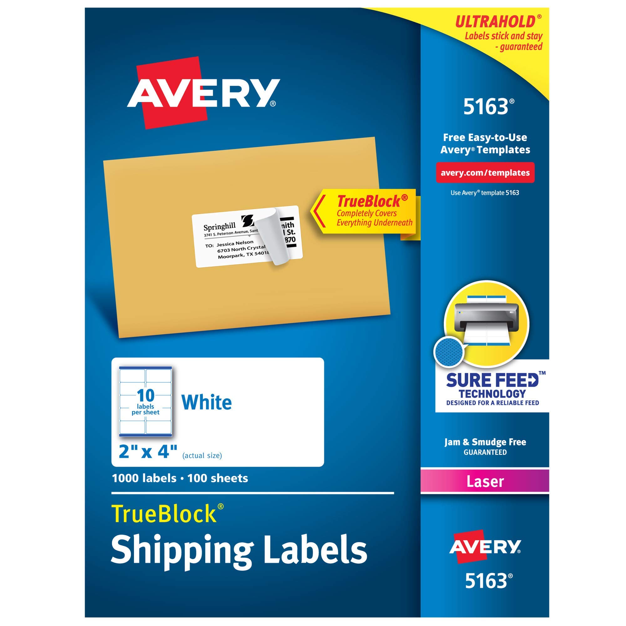 Shipping Address Labels, Laser Printers, 1,000 Labels, 2x4 Labels, Permanent Adhesive, TrueBlock (5163) - New