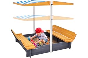 VEVOR Wooden Sandbox with Canopy, 57.3 x 47.2 x 47.2 in Sand Box, Sand Pit with Foldable Bench Seats and Bottom Liner, Natura