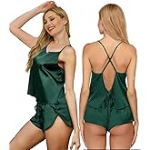 WJing Yi Jia Womens Silk Pajamas Sets S-XXL 2Pcs Sexy Satin Pjs Lingerie Cami Shorts Set Camisole Sleepwear Nightwear