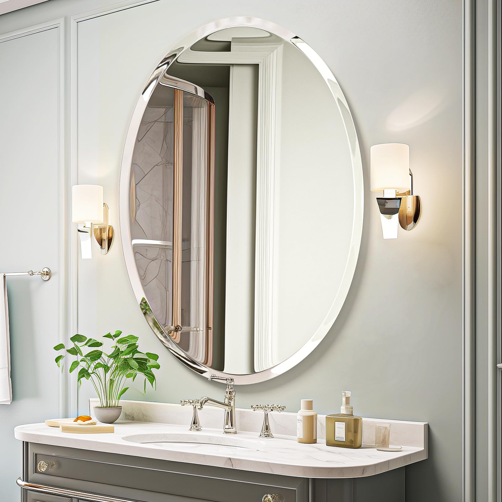 Photo 1 of USHOWER Bathroom Mirror for Over Sink, 24x36 Inch Oval Frameless Mirror, Beveled and Polished, Decorative Wall Mirror for Bathroom, Bedroom, Vanity, Entryway, Modern and Elegant