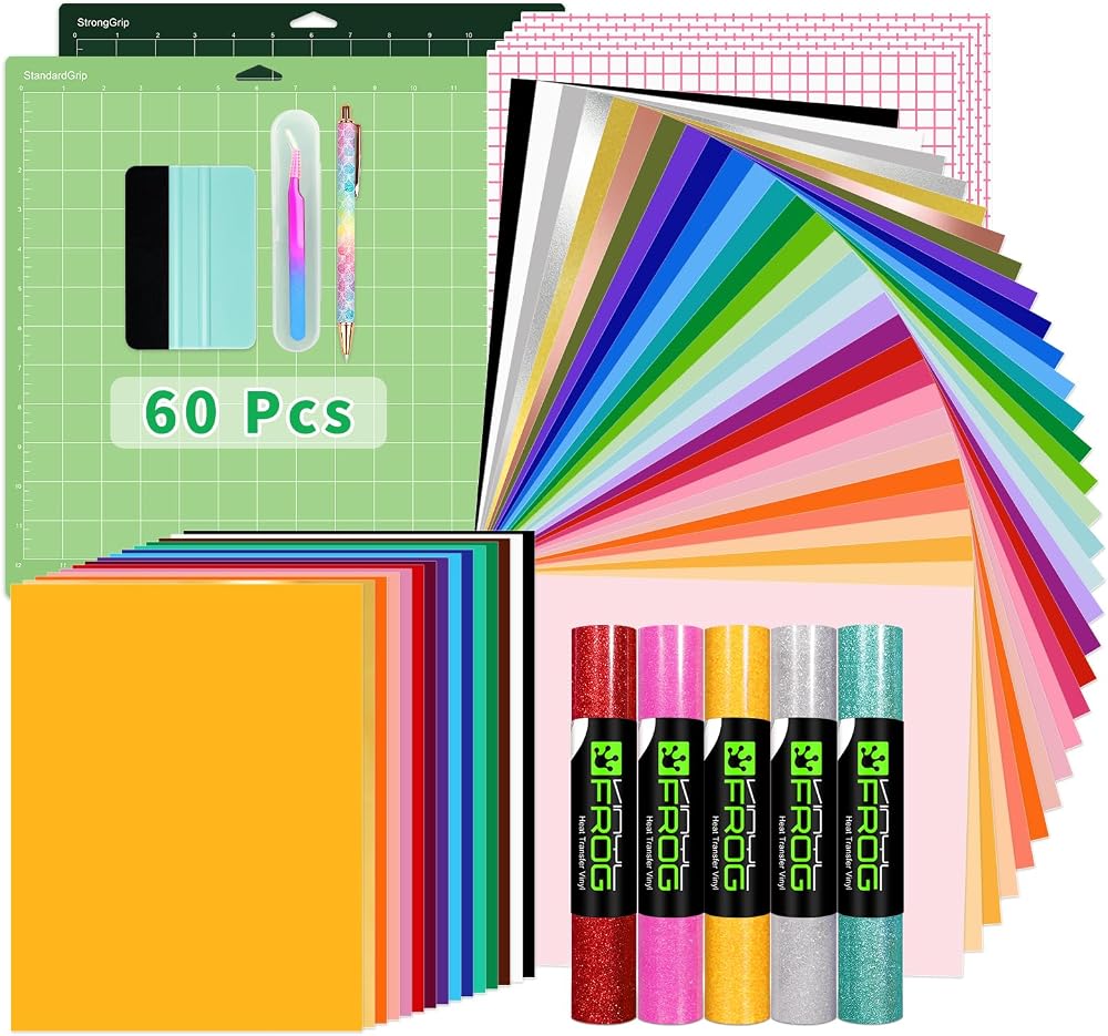 VINYL FROG 60pcs Cricut Accessories Bundle Permanent Vinyl HTV Mats Tools