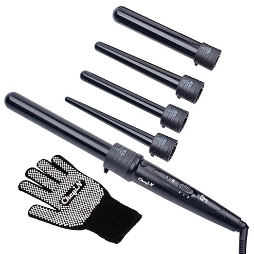 CkeyiN Multifunktions Austauschbare Lockenwickler Kit, mit einem Handschuh, Schwarz(1,3 in 1,4 in 1, 5 in 1, 6 in 1) (5-1)