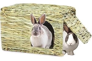 MJZH Small Bunny Grass House,Small Grass House for Rabbits Hand Crafted Natural Grass Hideaway Foldables Bed Hut with Openings Playhouse for Bunny,Guinea Pig,Chinchilla Small Animals to Play,Sleep,Eat.