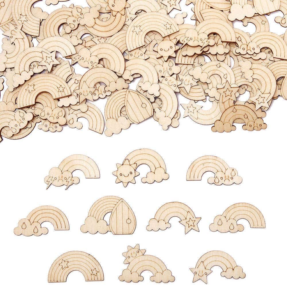 Baker Ross FC755 Rainbow Mini Wooden Shapes - Pack of 100, Wood Crafts for Kids, Card Making Supplies, Rainbow