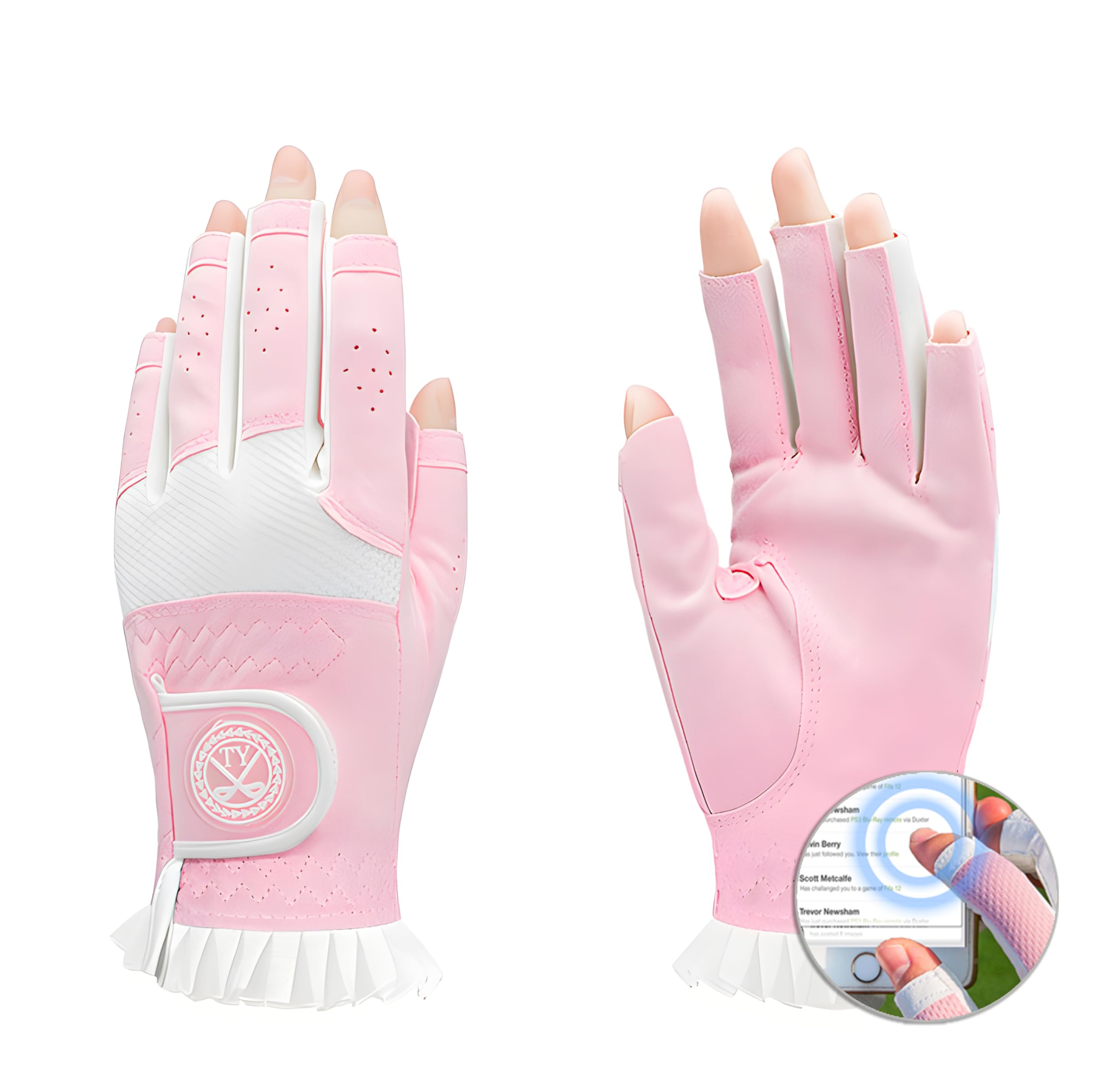Photo 1 of **USED***Y-Nut Ladies Golf Gloves with Open Finger - Thin PU Leather Glove for Women - Breathable Lace Trimmed Design - Outdoor Non-Slip Glove - Golf Gloves for Women (TYS-031)