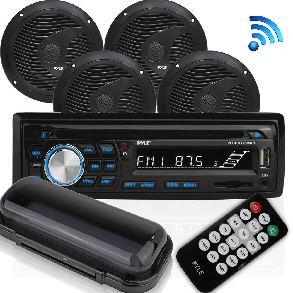 Wireless Bluetooth Marine Audio Stereo - Kit w/Single DIN Universal Size Radio Receiver, Hands-Free Calling, 6.5" Waterproof Speakers, CD Player, MP3/USB/SD Readers & AM/FM Radio - Pyle PLCDBT95MRB
