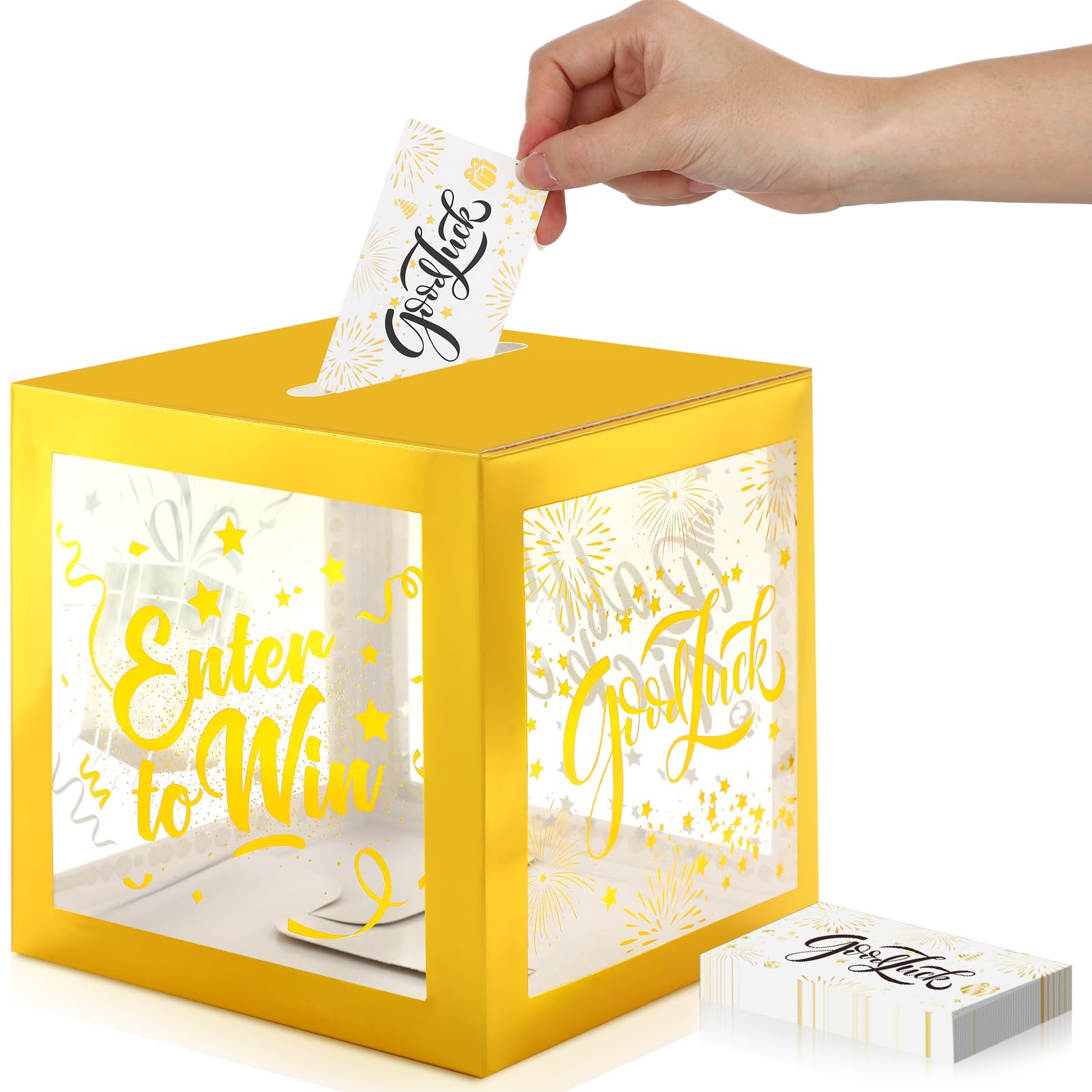 Photo 1 of Spiareal Enter to Win Donation Box with Raffle Tickets Cards Gold Raffle Safe Suggestion Box with Entry Form Cards Ballot with Slot Collection for Contest Carnivals Raffles