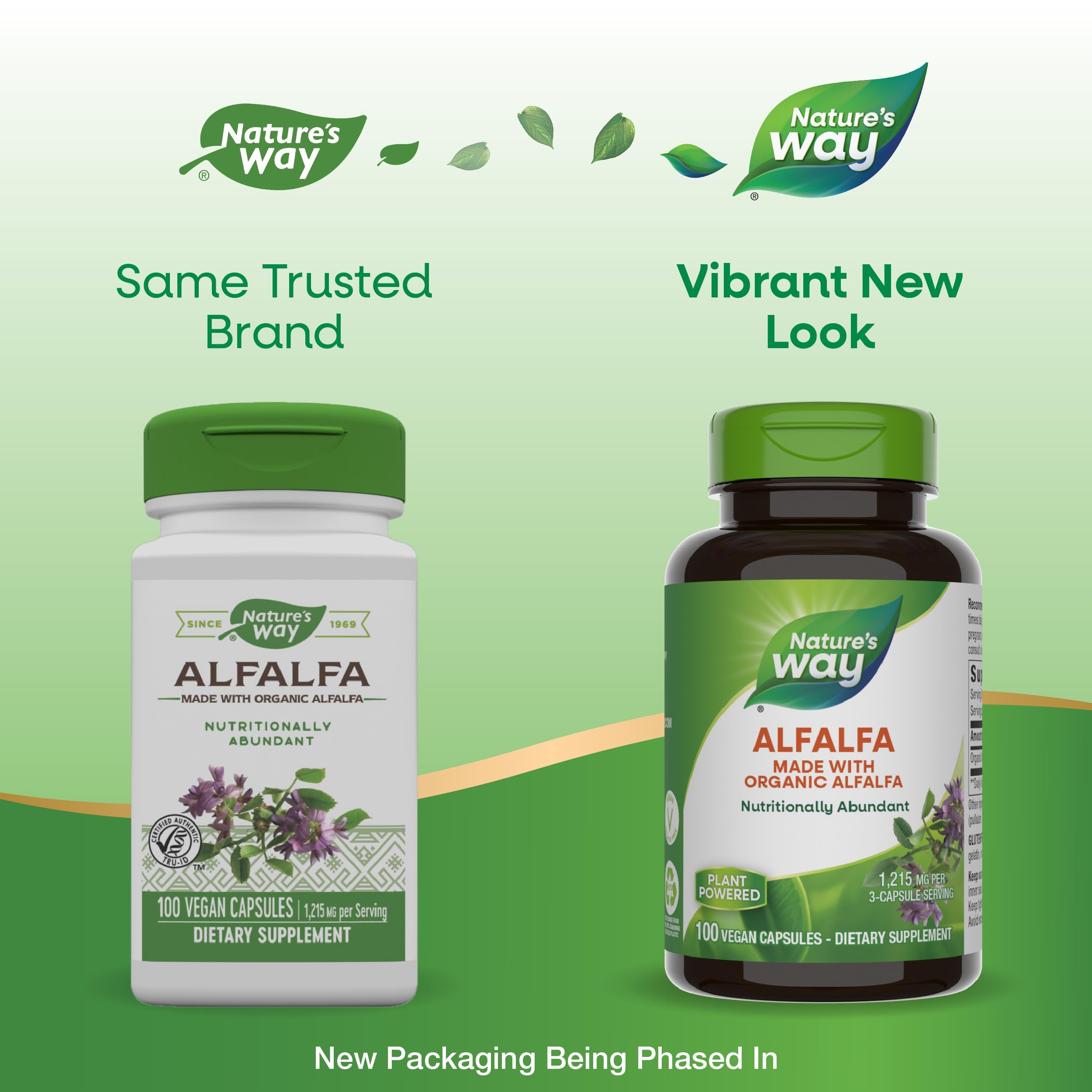 Nature's Way Alfalfa, Made With Organic Alfalfa, 1,215 mg per 3-capsule serving, Alfalfa Herbal Capsule, Gluten Free, Vegan, 100 Capsules (Packaging May Vary)