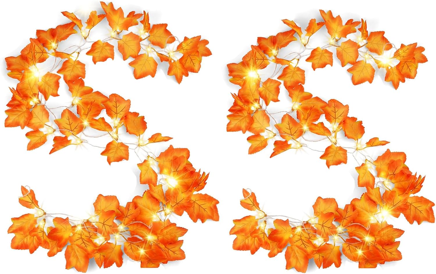 Wreaths, Garlands & Swags - Fall Decor- 2 Pack 19.6FT Fall Garland, 40 LED Artificial Fall Leaves Garland with Lights and 30pcs Maple Leaves 22pcs Pumpkins Acorns Set, Hanging Vines Fall Leaf Garland for Thanksgiving Decor