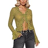 Women's Y2K Tie Front Cardigan Textured Lettuce Trim Long Sleeve Sheer Shrug Top Cover Ups