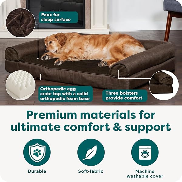 FURHAVEN ORTHOPEDIC DOG BED FOR LARGE DOGS W/ REMOVABLE BOLSTERS & WASHABLE COVER, FOR DOGS UP TO 95 LBS – PLUSH & SUEDE SOFA – ESPRESSO, JUMBO/XL