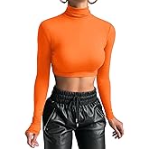 GEMBERA Women's Long Sleeve Turtleneck Crop Tops Fitted Basic T Shirt Top