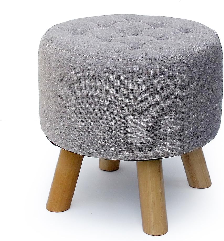 KSMY Big Upholstered Footstool Ottoman Pouffe Stool with 4 Beech Legs ，Non-Removable Cover Round