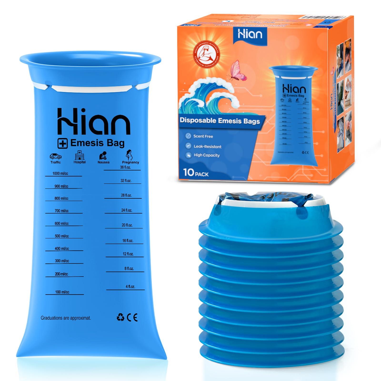 Hion Sick Bags 10 Pack - High Density Vomit Bags, Leak-Resistant & Portable - Ideal for Motion Sickness, Car & Air Travel - Perfect for Pregnant Women, Taxi Drivers