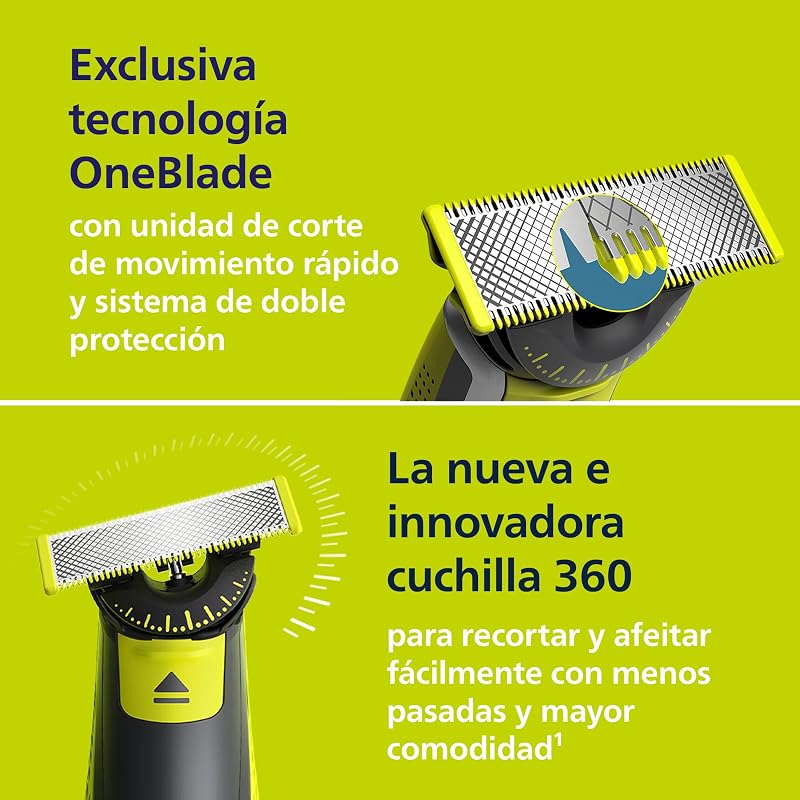OneBlade 360 Auténtico Recortadora y afeitadora eléctrica para barba, 2 cuchillas 360, 3 peines para barba incipiente (1,3,5 mm), QP2724/31