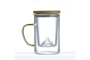 YUMUE Japanese Design Borosilicate Glass Tea Infuser Mug with Mountain Design, 500ml / 16.9oz Cup with Amber Glass Handle and