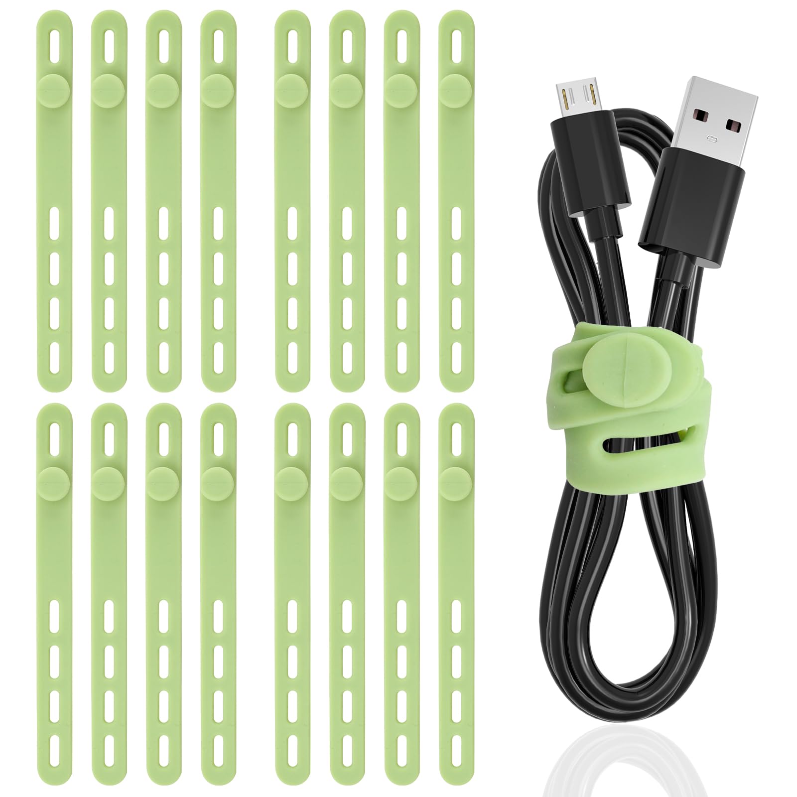 TamBee Silicone Cable Ties Reusable Cable Straps 16pcs Cable Wire Ties Cable Cord Organizers for Earphone Phone Charger Audio Cable Computer (16Pcs, Green)