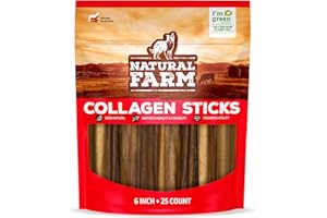 Natural Farm Collagen Sticks for Dogs (6 Inch, 25 Pack), Odor-Free Long Lasting Chews & Rawhide Alternative - 95% Collagen, Low Fat, High Protein - Best Dental Dog Treats - Medium & Large Dogs