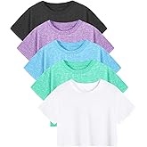 Xelky 5 Pack Womens Athletic Crop Tshirt Short Sleeve Cropped Dry Fit Workout Shirts Loose Crew Neck Yoga Gym Tee Tops