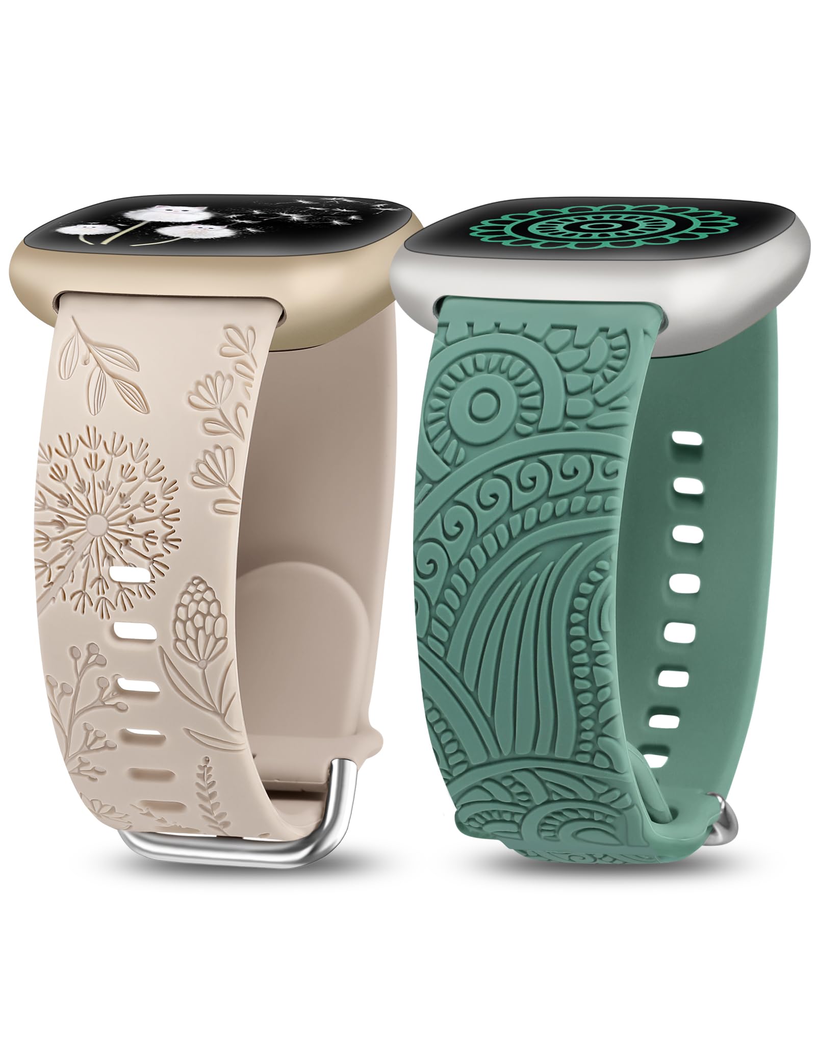 TOYOUTHS 2 Packs Floral Compatible with Fitbit Versa 4/Versa 3/Sense 2/Sense Straps, Soft Silicone Engraved Henna and Dandelion Pattern Sport Strap for Versa 3/4 Sense 1/2, Starlight+Green — image 1