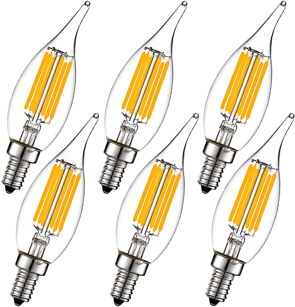 LiteHistory Dimmable Candelabra led Bulbs 60W e12 6W Chandelier Light Bulbs 2700K ac120v b10 led ceililng Fan Light Bulbs 600lm Vintage e12 Edison Bulb Clear Flame tip b11 led Bulb 6Pack