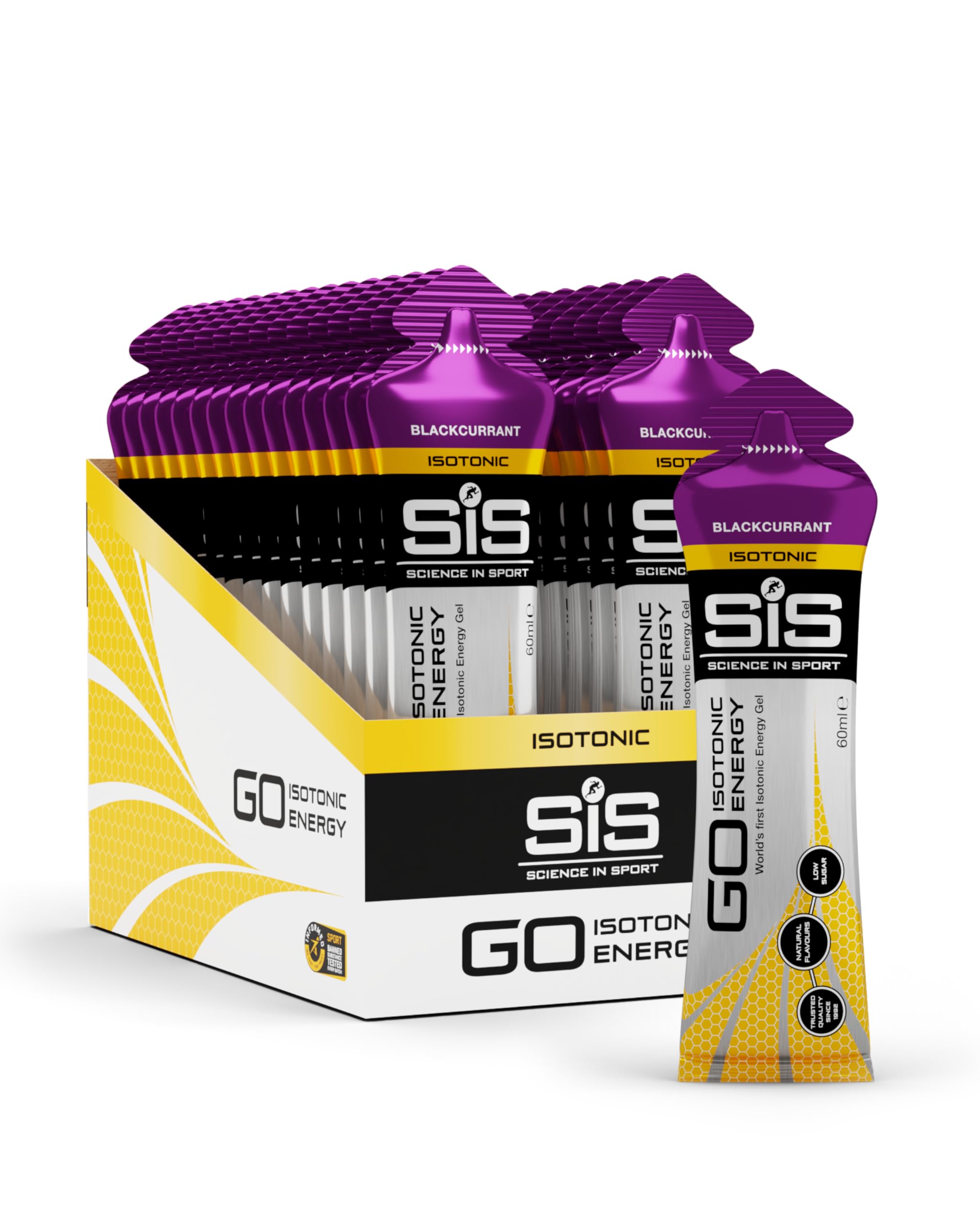 Science In Sport GO Isotonic Energy Gels, Running Gels with 22g Carbohydrates, Low Sugar, Blackcurrant Flavour, 60ml Per Serving (30 Pack)