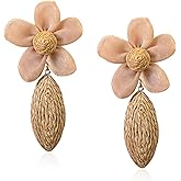 Just Follow Flower Rattan Earrings for Women Statement Boho Raffia Straw Wrapped Flower Drop Dangle Earrings Summer Tropical Beach