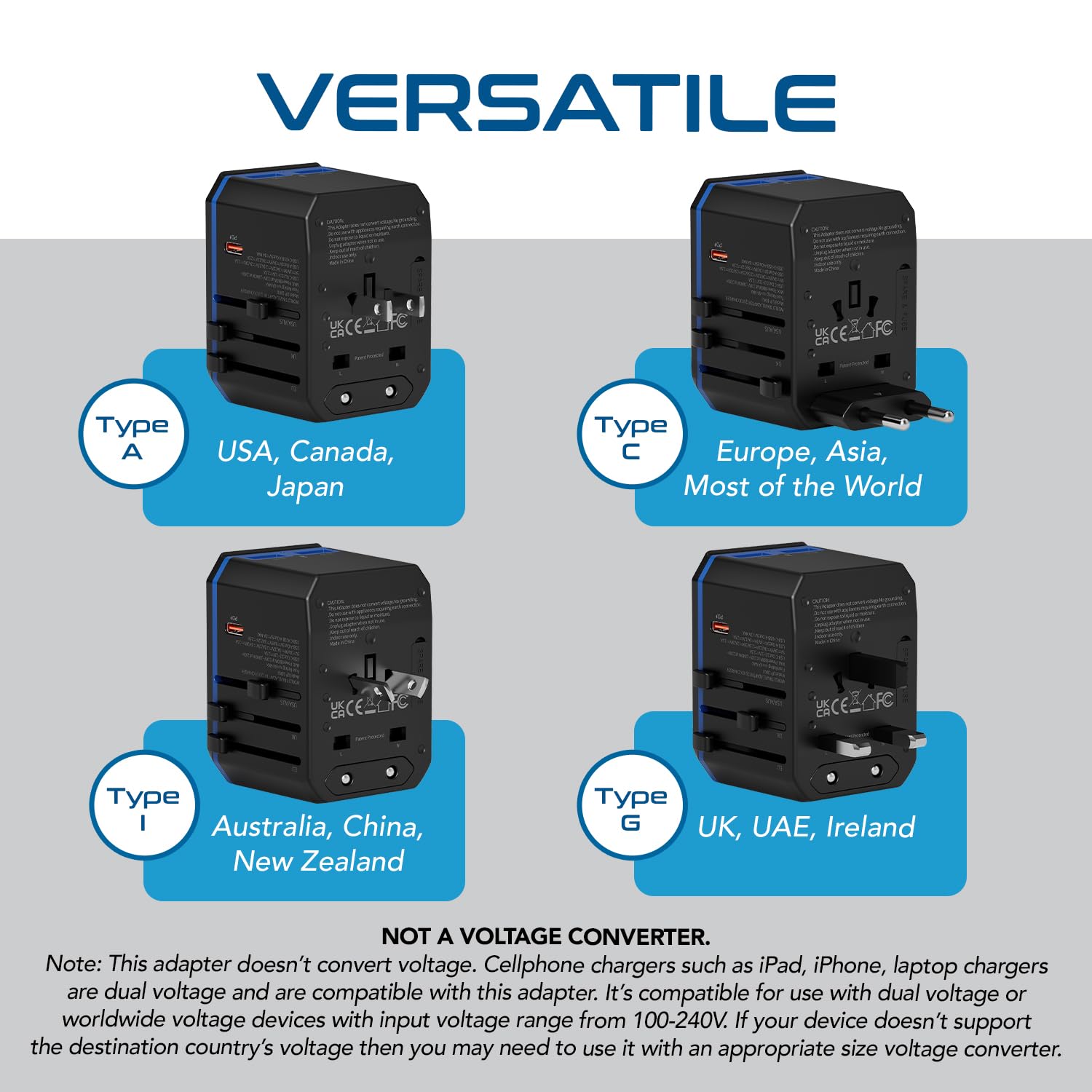 Ceptics International Power Adapter, World Travel adapter w/ PD 30W USB-C - 2 USB-A Ports Universal Adapter, Type A C G I Output for worldwide use, UP-10KU