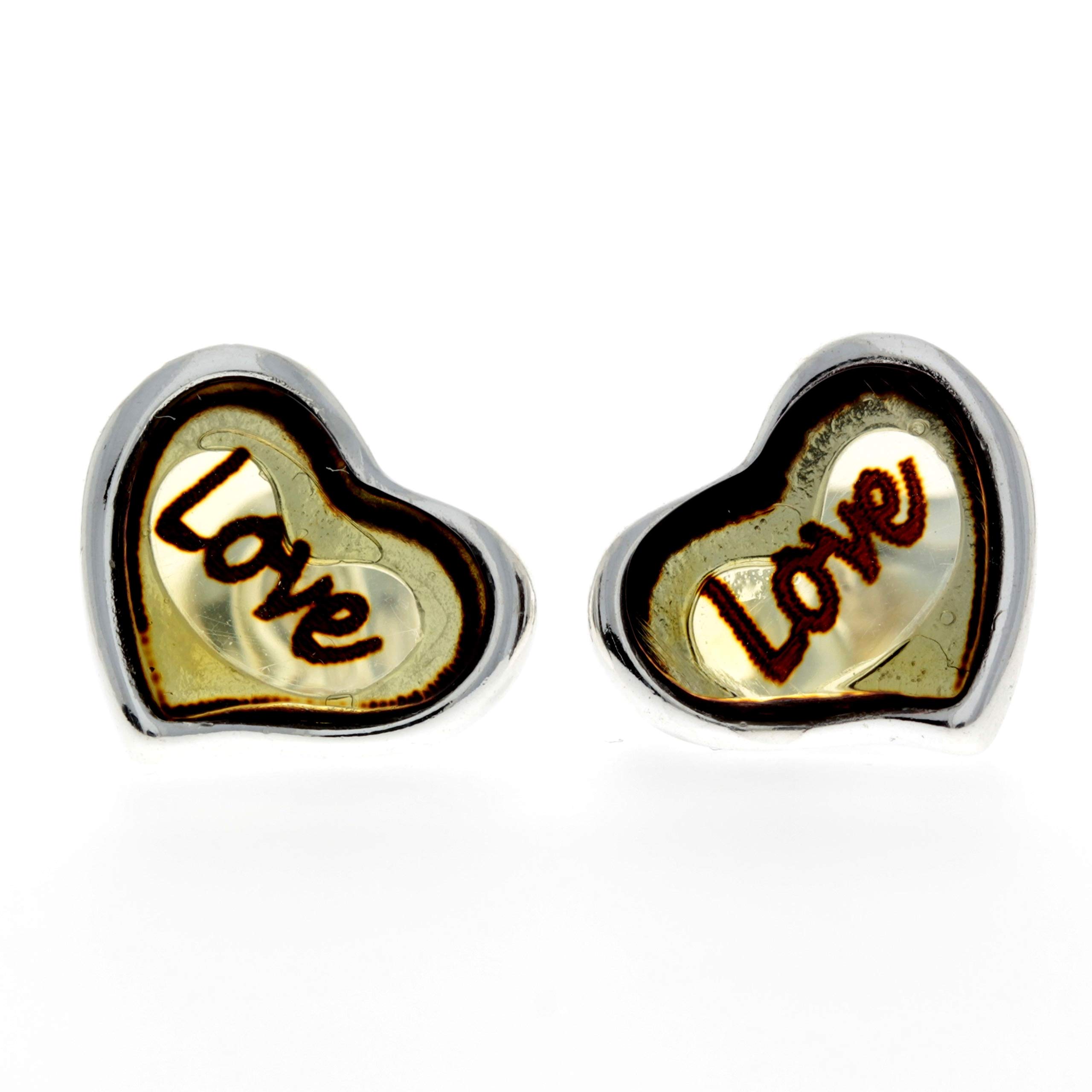 Classic Genuine Natural Love Engraved Baltic Amber and 925 Sterling Silver Hearts Studs Earrings AF001L
