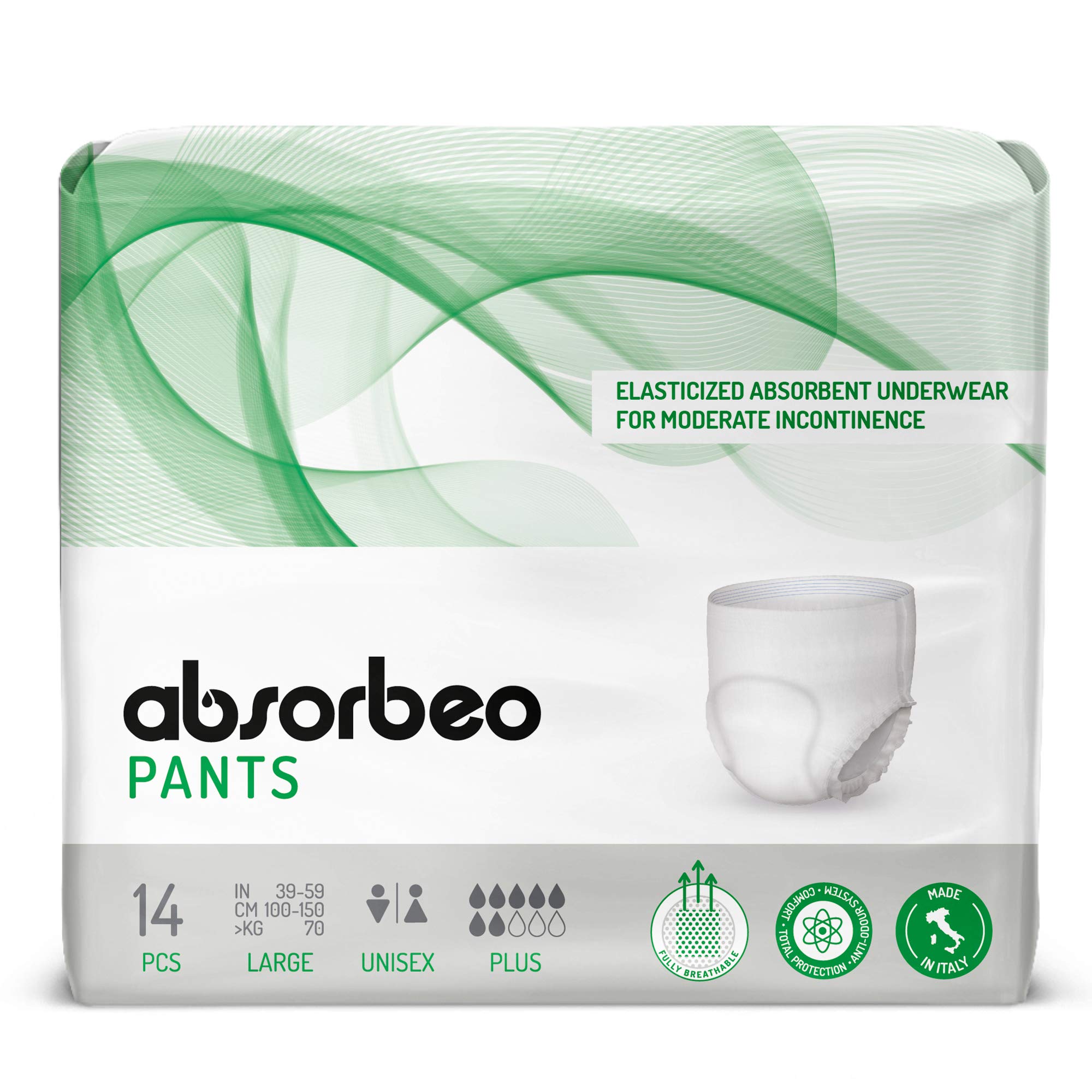 Absorbeo - Pants Plus - Unisex Elasticized Absorbent Underwear for Moderate Incontinence, Size L (14 pieces/pack)