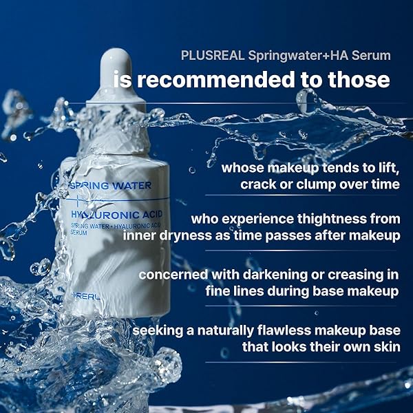 PLUSREAL SPRING WATER + HYALURONIC ACID SERUM, 1.01 FL.OZ.｜LIGHTWEIGHT DEEP HYDRATING FACE SERUM TO PREVENT CRACKY, CAKEY MAKEUP