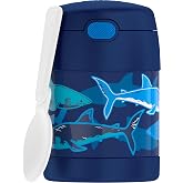 THERMOS FUNTAINER Kids Food Jar with Spoon, 10oz, Sharks | Kid-Friendly Stainless Steel Insulated Food Container, Keeps Food Hot or Cold Longer for School &amp; Play, BPA Free