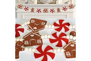 KnomeKo 6Ft Christmas Garland - Felt Jinglebread Man & House with Wood Beads - Perfect for Indoor Decorations & Party Supply